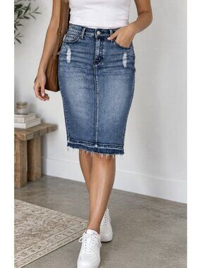 Iris Jeans Denim Midi Skirt Women’s Small Blue Stretch Modest Clean Girl Chic